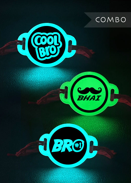 Combo | Bhai Mustache | Bro. No 1 | Cool Bro | Rakhi | Glow in Dark